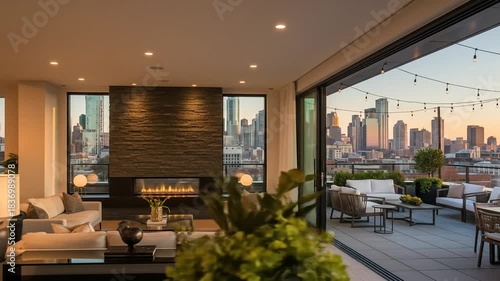Modern luxury penthouse living room with fireplace and stunning panoramic city skyline views