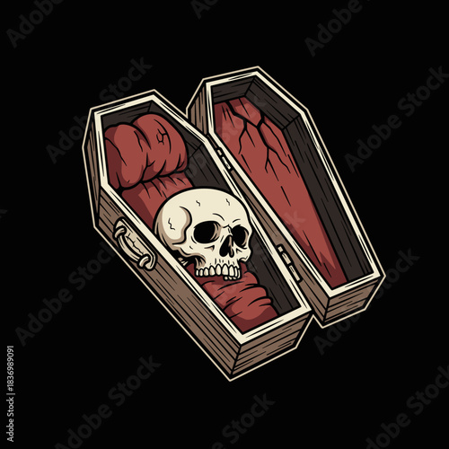 An Open Coffin With a Human Skull Inside on a Dark Background.