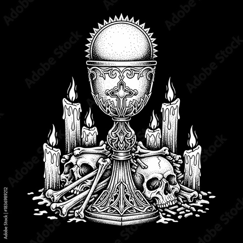 Gothic Chalice with Skulls and Candles Illustration.