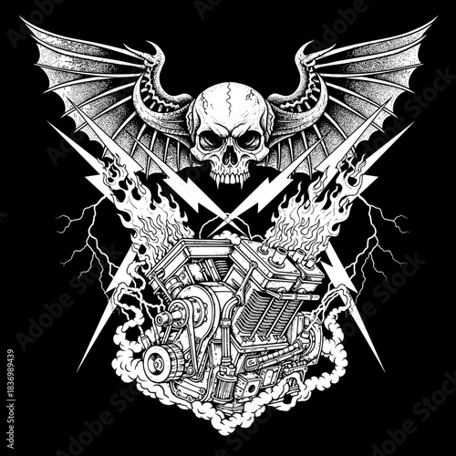 Scary Skull with Wings and Engine Illustration.