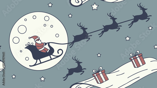 Charming vector illustration of Santa Claus in a golden sleigh pulled by reindeer flying across a moonlit starry sky over a snowy pine forest with gifts — festive Christmas holiday background 