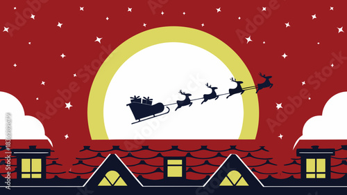 Charming vector illustration of Santa Claus in a golden sleigh pulled by reindeer flying across a moonlit starry sky over a snowy pine forest with gifts — festive Christmas holiday background 