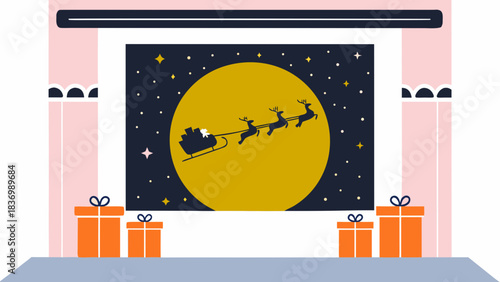Charming vector illustration of Santa Claus in a golden sleigh pulled by reindeer flying across a moonlit starry sky over a snowy pine forest with gifts — festive Christmas holiday background 
