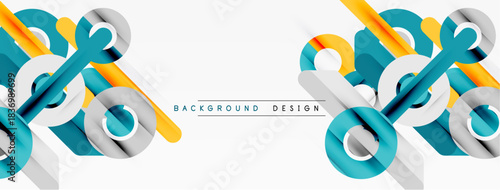 Abstract geometric shapes create modern background. Blue, orange, gray elements overlap, forming dynamic composition. Clean design suits various projects.