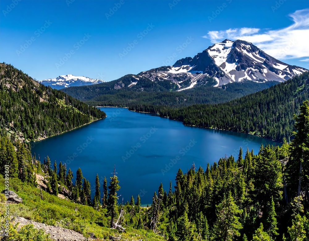 Obraz premium Serene panoramic view of a mountain lake surrounded by evergreen forests under a bright blue sky