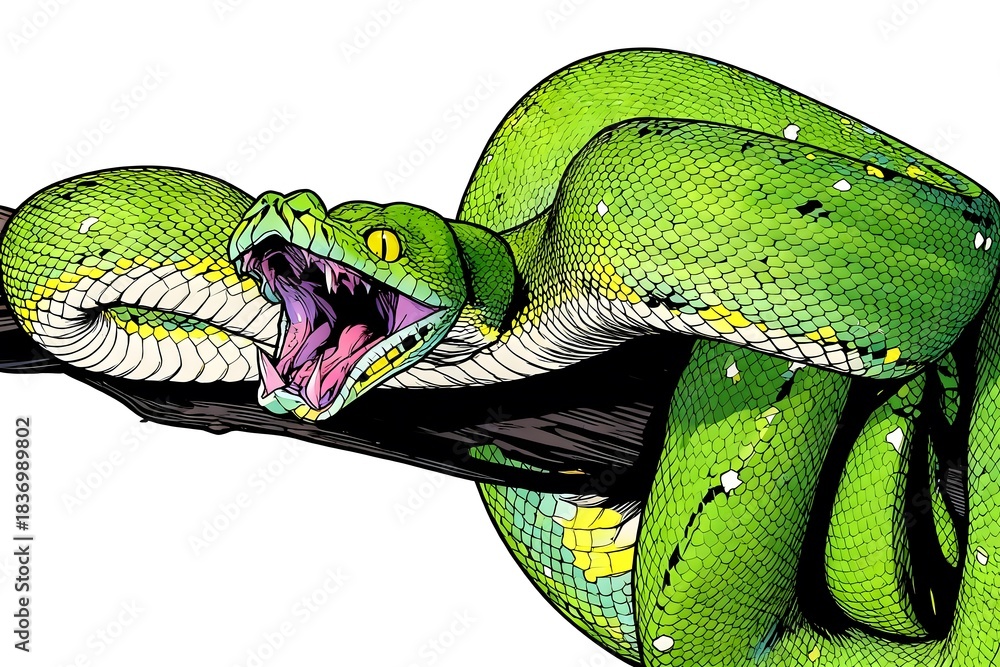 Obraz premium green tree python snake branch ready attack chondropython viridis snake closeup with black background morelia viridis snake illustration