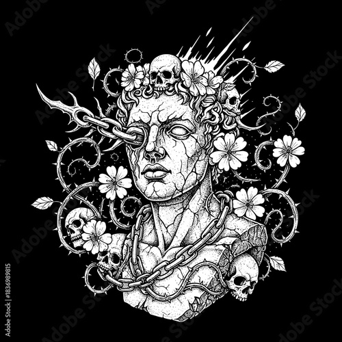 Ancient Sculpture with Skulls and Thorns.