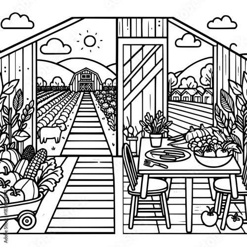 Black and white coloring page of a farm harvest scene viewed from inside a barn or shed