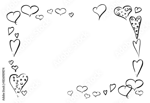 Ink heart doodles, freehand flowing lines forming rectangular border. Vector hand drawn corner frame illustration. Romantic invitation, anniversary or birthday greeting card, Valentine stationery.