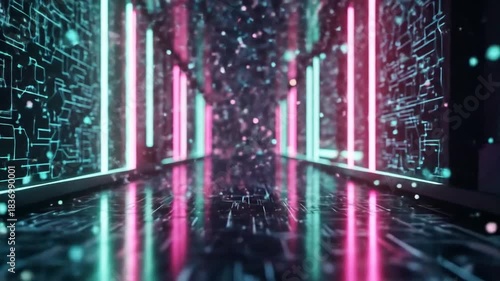 Abstract digital corridor with neon lights and circuit board patterns creating a futuristic