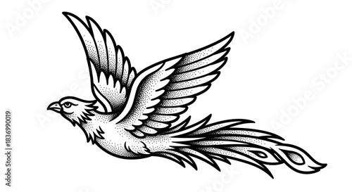 Stylized illustration of a mythical bird in flight.