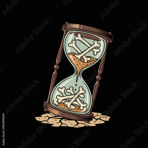Hourglass filled with bones and sand symbolizing the passage of time and mortality.