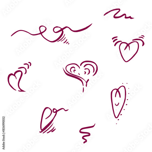 Irregular sketch hearts with pulsing heartbeat lines. Vector ink single elements illustration set. Valentine printable, love theme design, decorative border for quote, engagement or proposal gift tag.