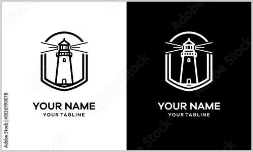 Modern minimalist line art lighthouse logo design with radiating light beams enclosed within a protective shield emblem, presented in black and white versions.