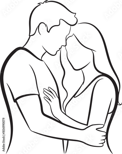 A tender line art sketch of a couple embracing closely with their foreheads touching and eyes closed isolated on white background.