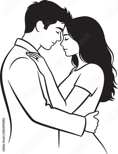 A tender sketch of a man and woman embracing closely with gentle affection and love isolated on white background.