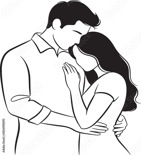 A tender sketch of a man and woman embracing closely with gentle affection and love isolated on white background.