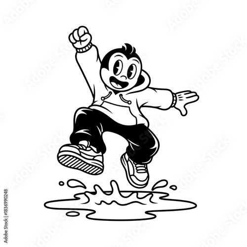 Cartoon boy jumping in puddle with joy and energy.