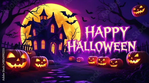 “Spooky Halloween Night with Glowing Jack-O’-Lanterns and Haunted House”