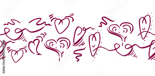 Irregular ink hearts with pulse beat lines in ink sketch style arranged as endless border. Isolated seamless banner vector illustration. Romantic stationery element, cute love divider, wedding card.