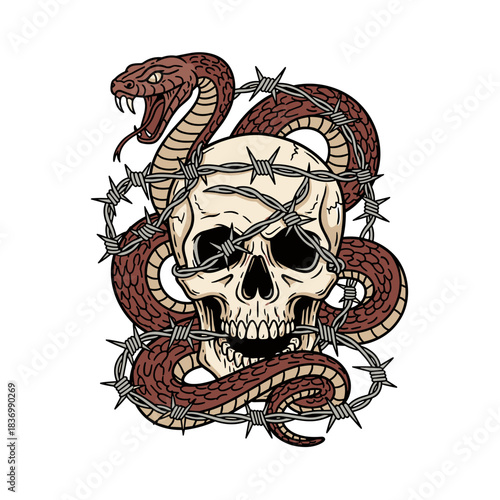Skull Wrapped in Barbed Wire with a Snake.