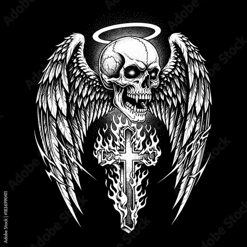 Dark Angel Skull with Flaming Cross and Halo.