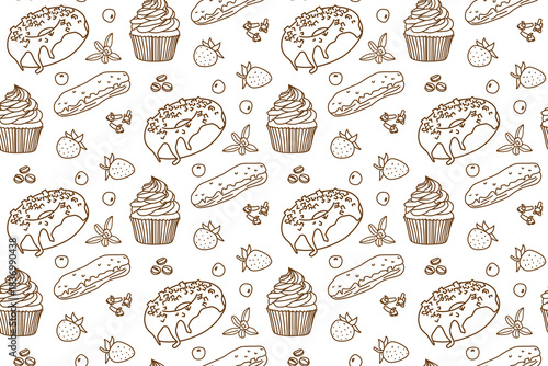 This seamless pattern vector illustration features an assortment of delightful desserts, including donuts, cupcakes, and clairs, surrounded by strawberries and coffee beans.