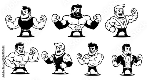 Collection of Muscular Cartoon Men Flexing Their Biceps.
