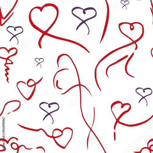 Ink sketch heart doodles with long flowing ribbon tails, calligraphy lines in organic pattern. Seamless hand drawn vector illustration. Valentine digital texture, background print, scrapbook sheet.
