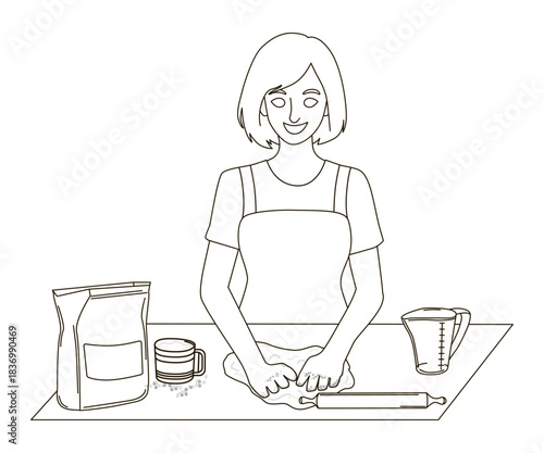 Woman joyfully kneads dough with baking ingredients on the table. This vector linear illustration depicts preparation in a kitchen, highlighting essential baking tools and ingredients.