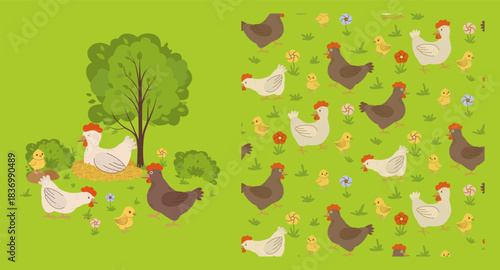 Charming vector illustration of a chicken family on a bright green farmyard. Features hens and chicks under a tree. Ideal for playful, nature-themed designs and agricultural content.