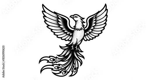 Stylized Phoenix Bird Illustration with Spread Wings and Flowing Tail Feathers.