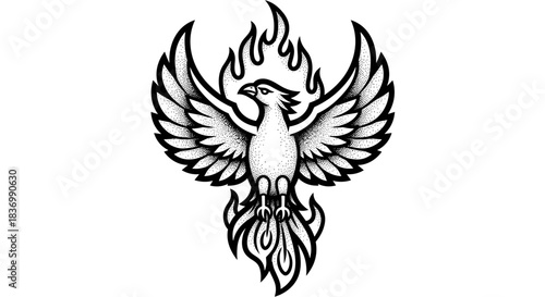 Stylized Phoenix Bird Rising From Flames Black and White Illustration.