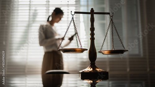 Fotografie The scales of justice stand in focus while a woman seeks counsel, symbolizing the legal protection of women's rights, gender equality, safety from domestic violence, and the pursuit of fair justice