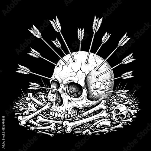 Human skull pierced by multiple arrows surrounded by bones.