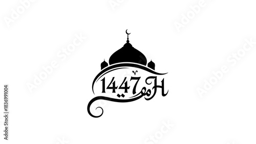 Elegant black calligraphy of 1447 H with a mosque silhouette, symbolizing the Islamic New Year.