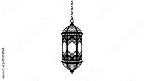 A detailed black and white illustration of an ornate hanging lantern with intricate patterns.