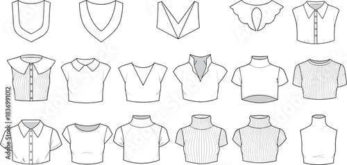 CAD drawing flat vector illustration of assorted trendy crop tops and collar styles technical fashion sketch front view