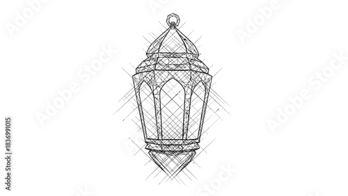 A detailed sketch of an antique Middle Eastern lantern with intricate geometric patterns and a hanging loop.