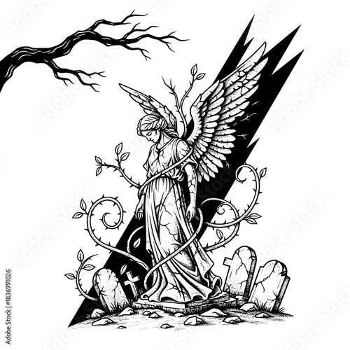 Gothic Angel Statue Amongst Gravestones and Thorny Vines.