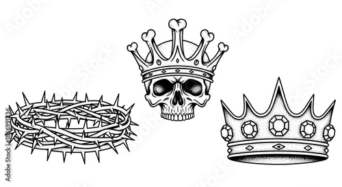Three distinct crown symbols including a skull crown and thorny crown.