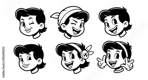 Set of Six Vintage Cartoon Boy Faces Expressing Different Emotions.
