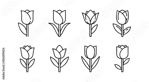 Collection of eight simple line art tulip flower icons in black and white outline style vector