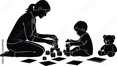 Adult playing with child, building blocks activity, family bonding moment, early learning, parenting interaction, silhouette style, cad drawing flat vector illustration