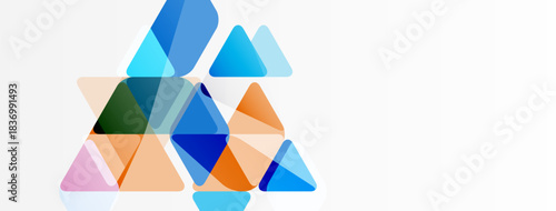 Abstract geometric shapes overlap, creating vibrant color blends. Triangles dominate composition, suggesting dynamism, modernity.