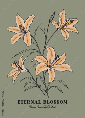 Delicate botanical illustration of blooming lilies in soft peach tones with fine black line art on a muted green background accompanied by the poetic text