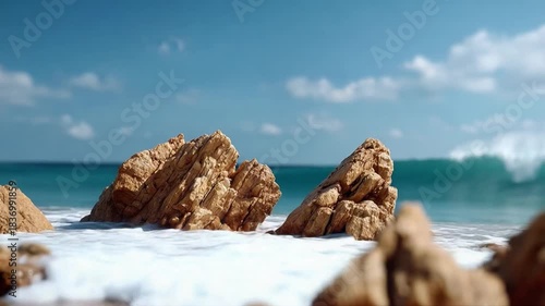 Ocean Rocks: A serene coastal vista unfolds, with rugged rocks emerging from the foamy embrace of the ocean waves under the wide blue sky. A scene of nature's raw beauty and tranquil splendor.