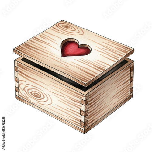 Handcrafted Wooden Keepsake Box with Red Heart Cutout, Vintage Wood Container, Love, Romance, Gift, Memory, Treasure Chest Illustration