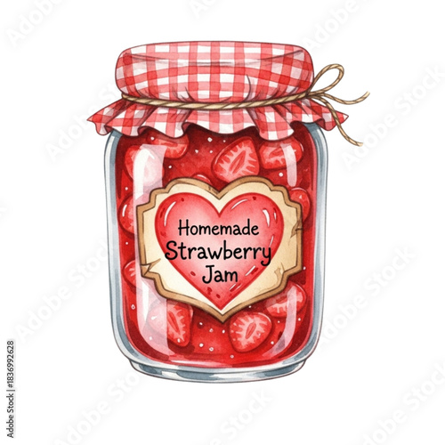 Homemade Strawberry Jam Jar, Red Berry Preserve in Glass Container with Heart Label, Sweet Summer Fruit Food Illustration, Kitchen Sweetness, Seasonal Harvest