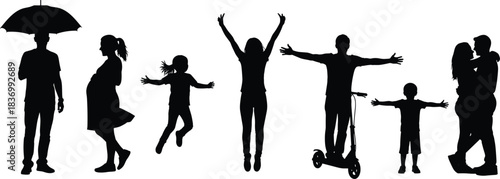 Human silhouette poses, umbrella holder, pregnant woman, jumping child, joyful adult, scooter scene, embrace moment, cad drawing flat vector illustration